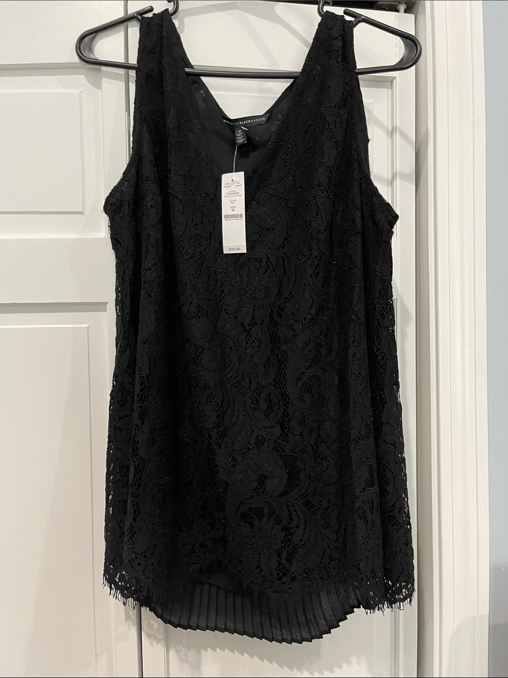 White House Black Market Lace Front Pleated Back Black Top Size M